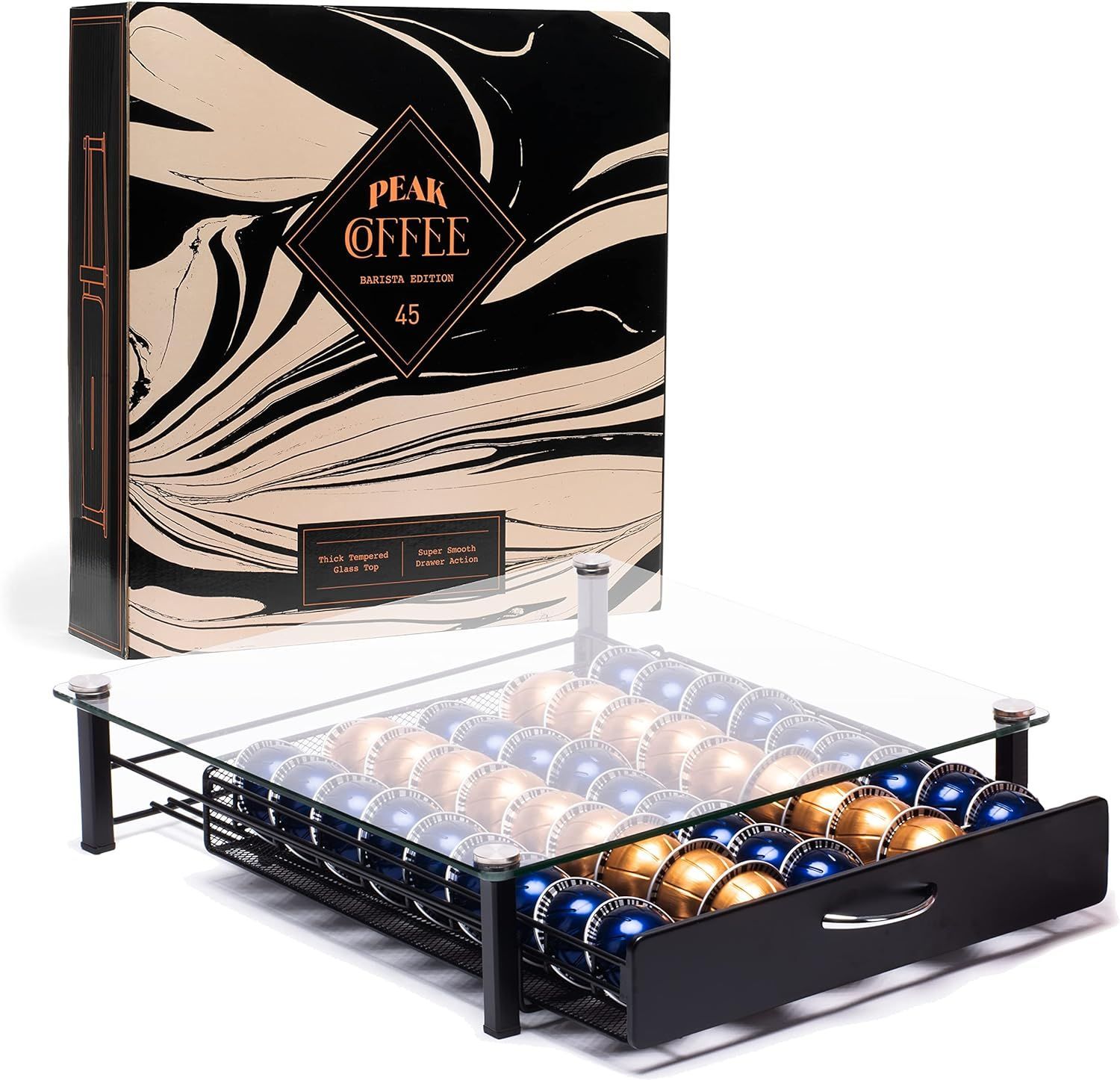 Peak Coffee Vassoio scorrevole per capsule Nespresso Vertuo, 45 capsule - Struttura in vetro e metallo nero per cialde macchine da caffè Nespresso Vertuo, 36 x 37 x 8,5 cm Visita lo Store di Peak Coff