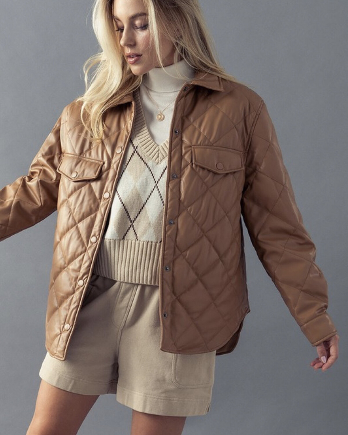 Faux Leather Diamond Quilted Camel Jacket TN-13