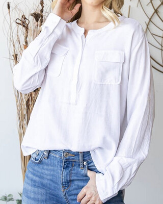 Long Sleeve Button Down Blouse in White HE-12
