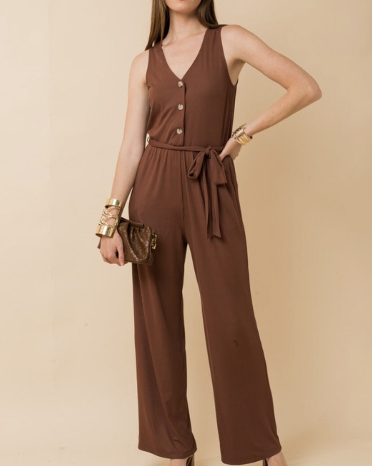 Sleeveless V-Neck Button Down Jumpsuit GIL-15