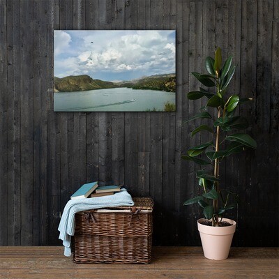 Premium Print: Mountain and water view from above