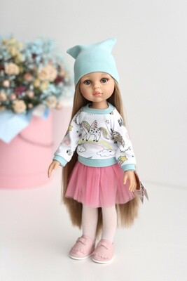 Кукла Карла Рапунцель с серо-голубыми глазами в стильном образе с единорожкой (в комплекте с пижамой), Паола Рейна , 34 см
