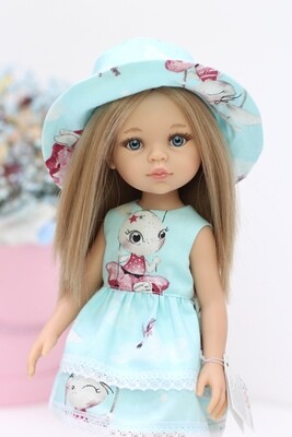 Кукла Карла с волосами по пояс в красивом голубом платье с панамой, с голубыми глазами (Паола Рейна), 34 см