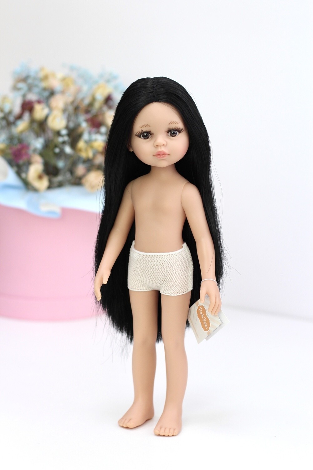 Кукла Карина черные волосы до колен, без челки, прямой пробор, глаза коричневые, без одежды (голышка) (Паола Рейна), 34 см