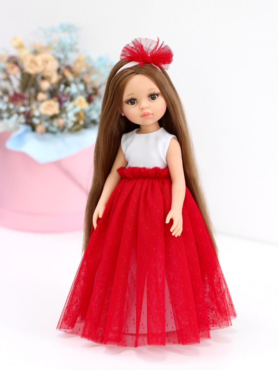Кукла Кэрол Рапунцель с длинными волосами в нарядном красном платье (пижама в комплекте) (Паола Рейна), 34 см