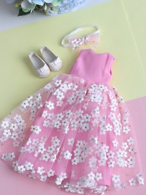 Розовое платье с белыми цветами для куклы Paola Reina 32-34 см
