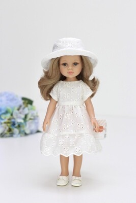 Кукла Карла с серыми глазами и волосами до пояса в платье с панамой, Паола Рейна, 34 см