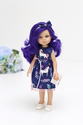 Кукла Мар с фиолетовыми волосами в платье с единорогами (пижама в комплекте),  Паола Рейна , 34 см