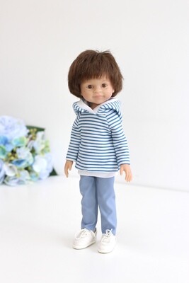 Кукла мальчик Дарио в худи, кожаных штанах и лоферах (пижама в комплекте), Паола Рейна, 34 см