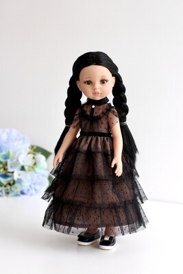 Кукла Карина с двумя косами без чёлки в образе Уэнсдей  (пижама в комплекте), Паола Рейна , 34 см