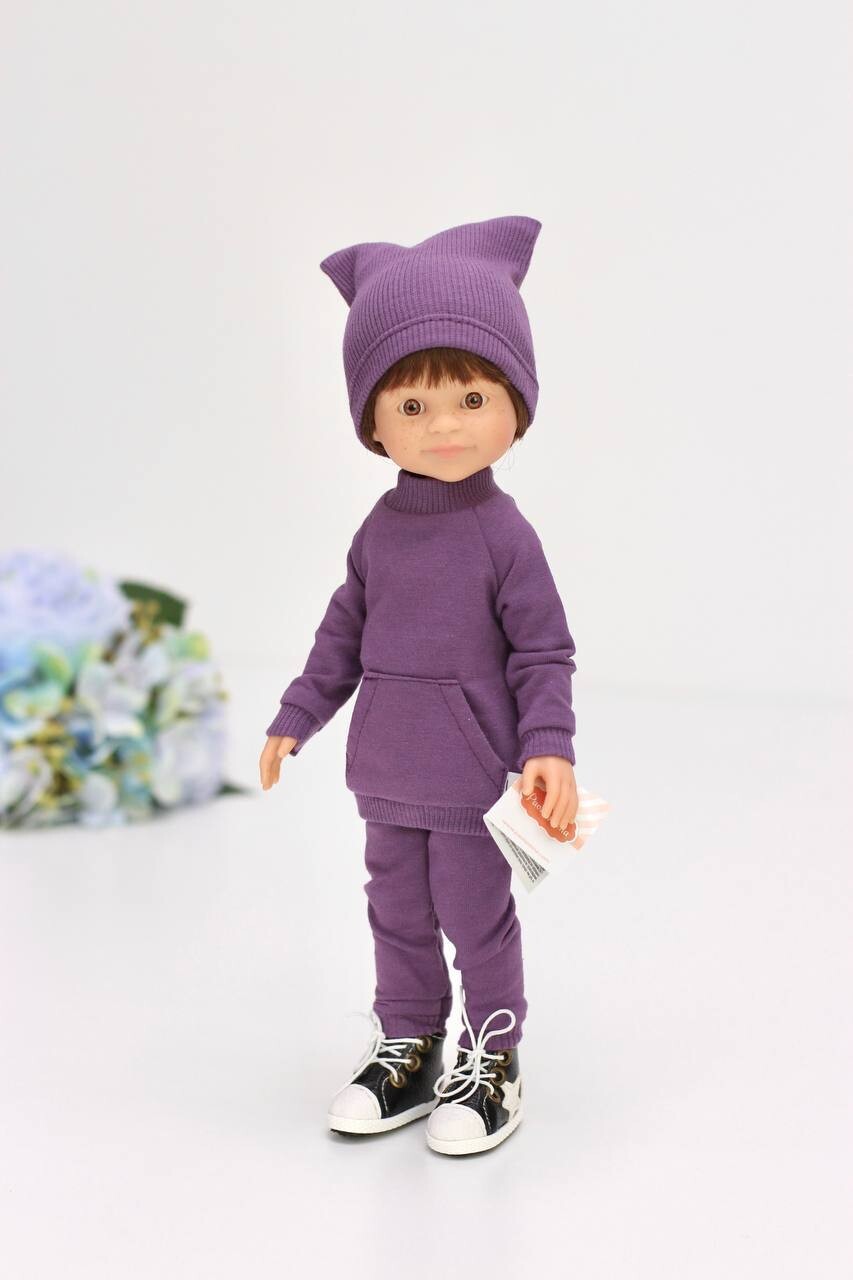 Кукла мальчик Дарио в фиолетовом костюме и кедах (пижама в комплекте), Паола Рейна, 34 см