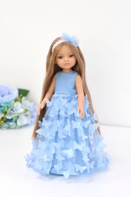 Кукла Маника Рапунцель в голубом платье с бабочками и туфельках (пижама в комплекте), 34 см
