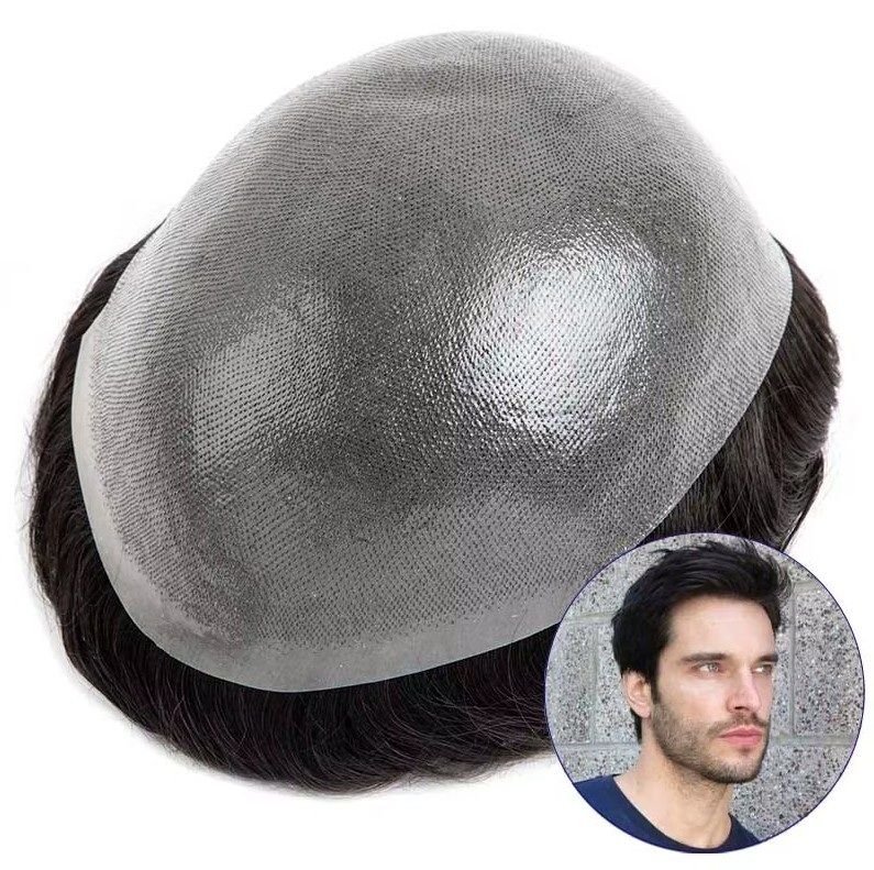 Mens PU SKIN Hair System - 120% Density - 100% NATURAL Human Hair #1B Black Toupee