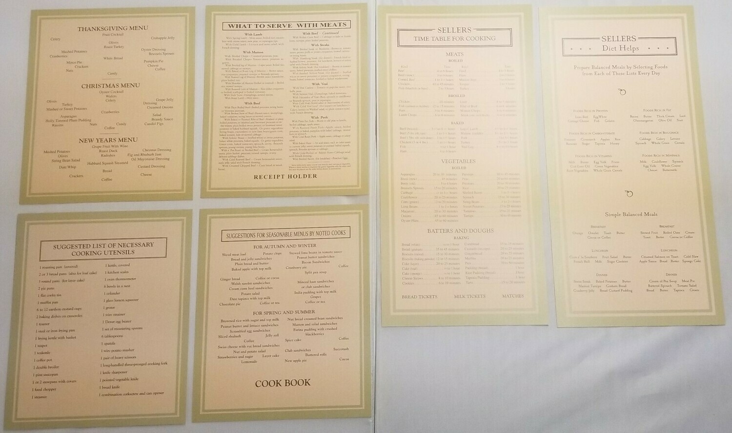 6 SET HOOSIER Door Cards Sellers cabinet chart cooking info antique vintage