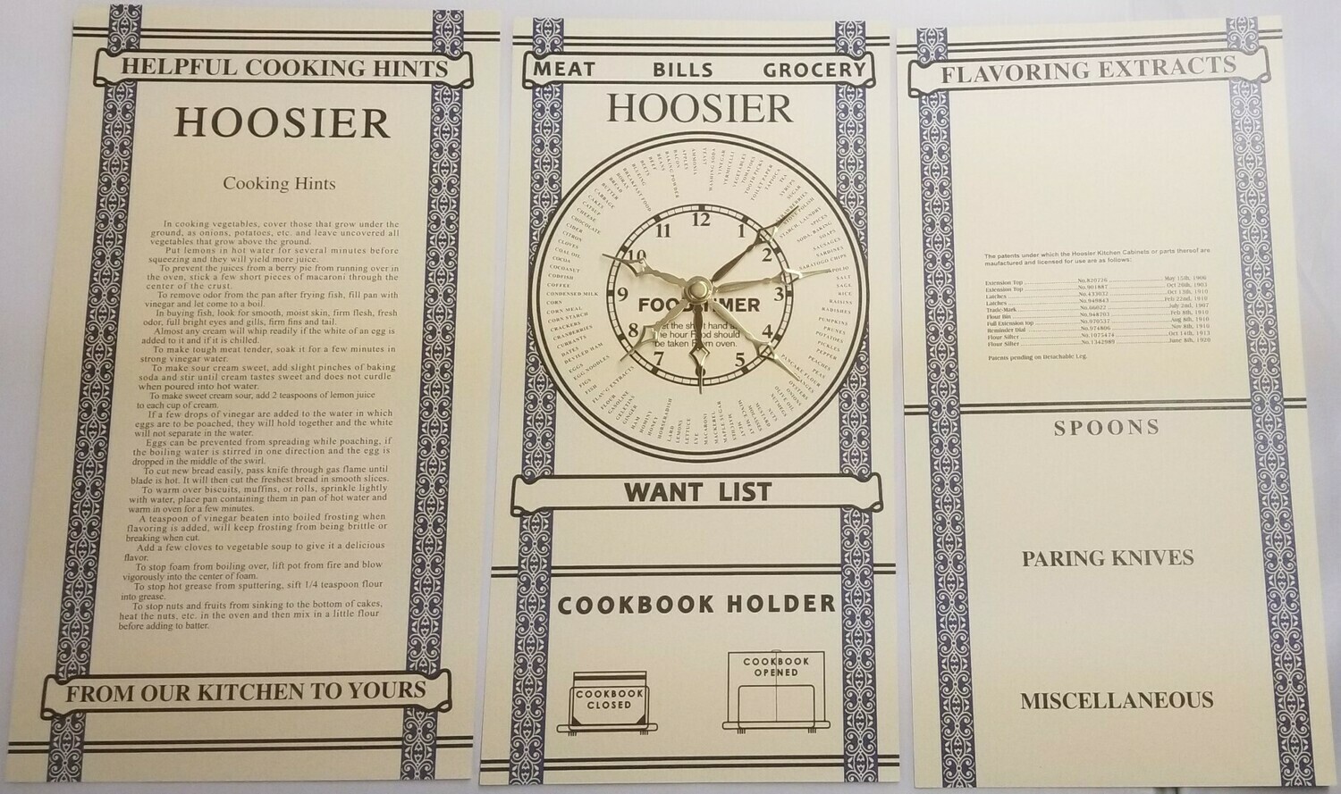 Door Cards - Hoosier -  Sellers cabinet info antique vintage cooking chart guide clock timer brass
