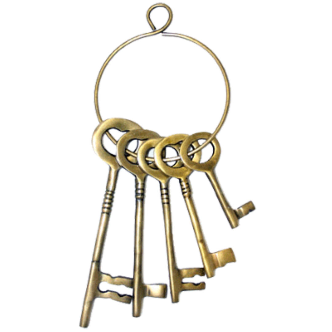 Real Metal Steel Fancy Cast Brass Jailers Key Set 5 keys and ring costume skeleton decorative jail antique vintage retro professional