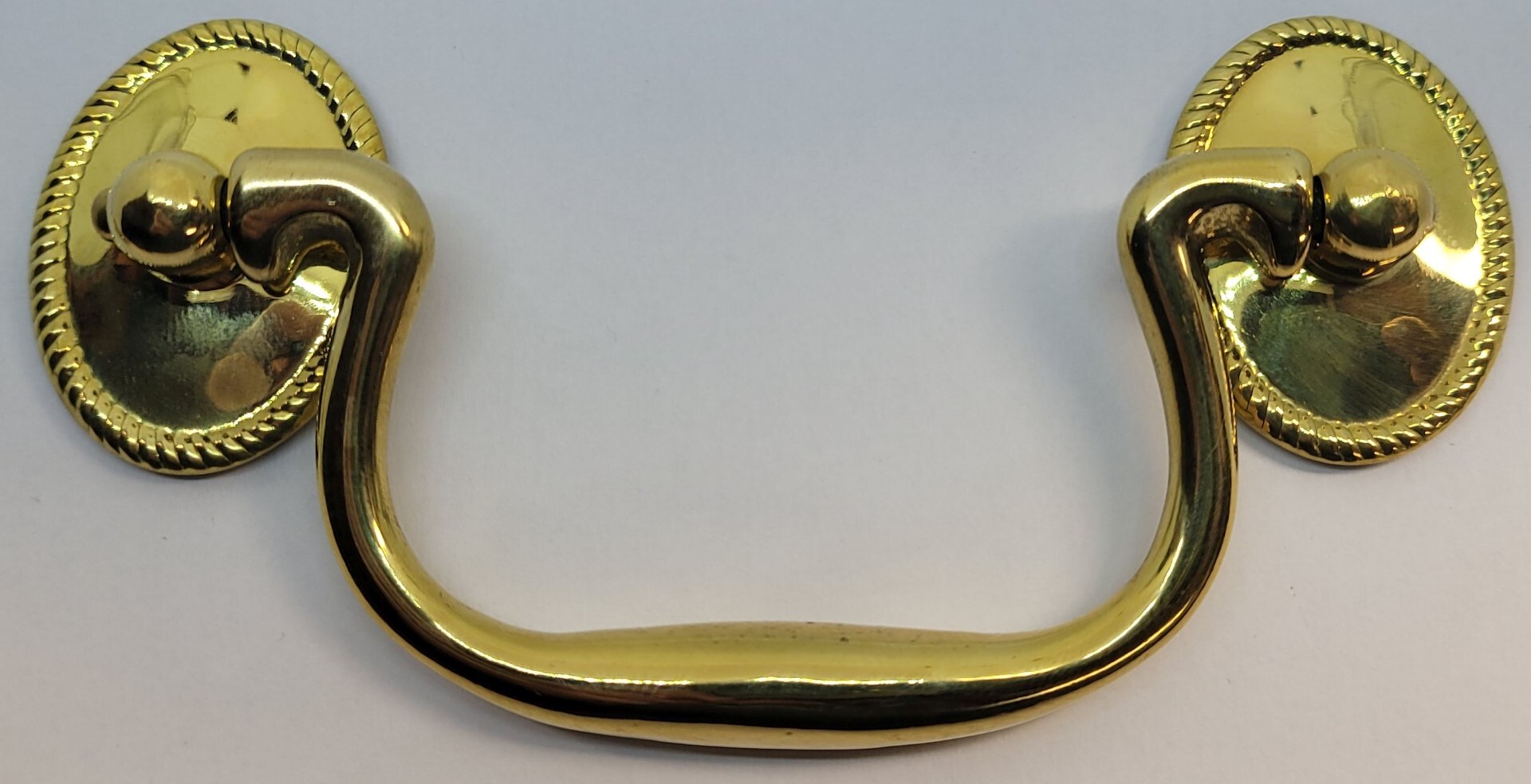 Swan-Neck Brass Bail Pull with Ringed Round Rosettes - 3-Inch