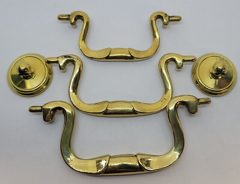 2.5, 3, 3.5" Centers ANTIQUED & Polished BRASS QUEEN ANNE BAIL PULL Swan Neck handle knob drawer desk cabinet rustic old vintage mid century modern