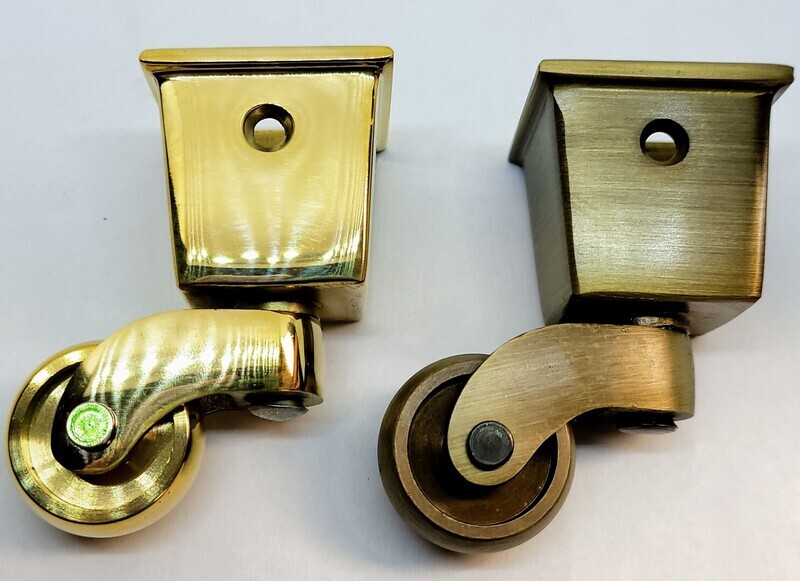1" SQUARE CUP CASTER  Solid Brass polished and antique wheel chair tea cart table horn vintage retro mid century modern fancy decorative rustic Philadelphia pattern