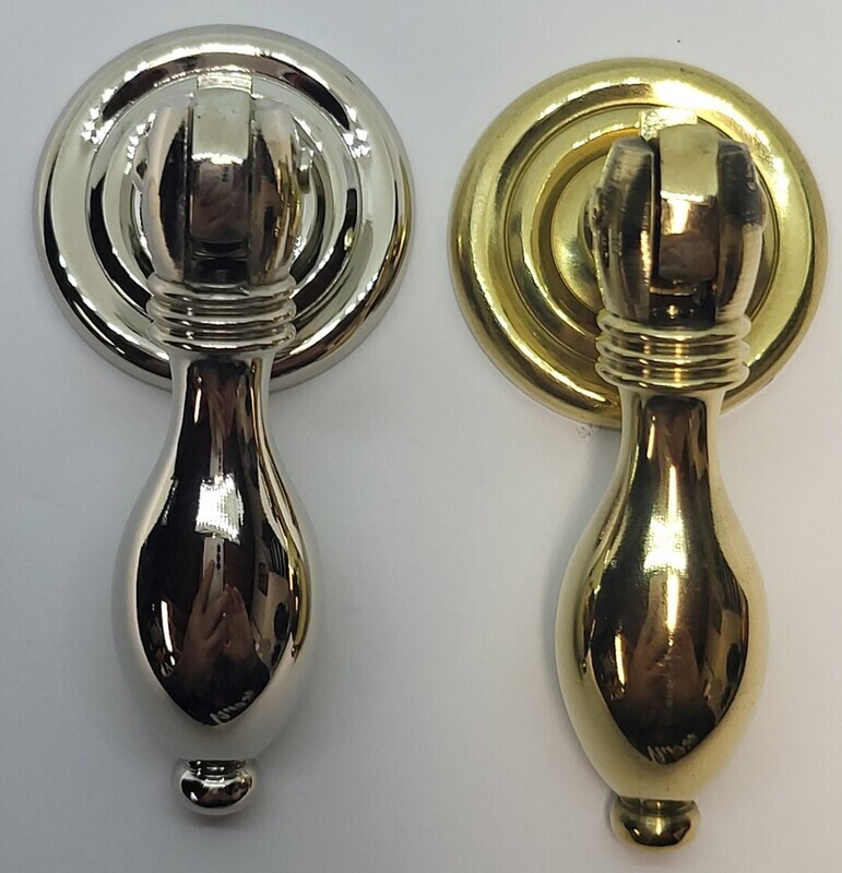 Solid Brass Queen Ann Colonial Revival Early American Single Post Teardrop Pull Nickel chased antique vintage retro fancy decorative knob handle mid century modern hanging