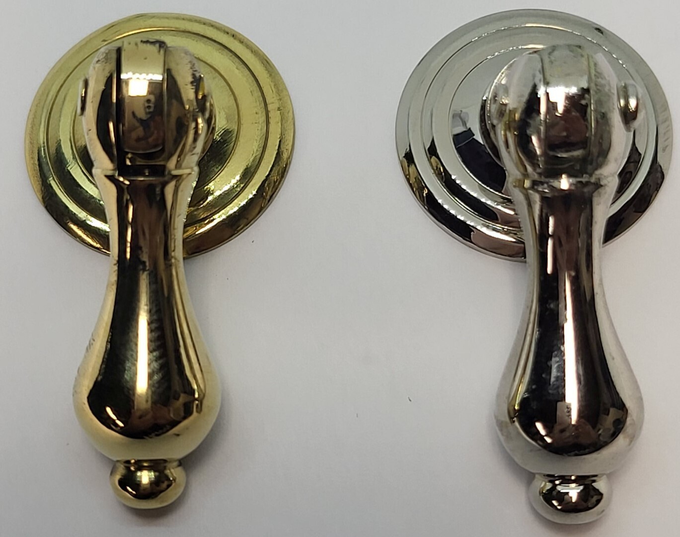 Queen Ann Colonial Revival Early American Single Post Teardrop Pull Solid Brass Nickel chased antique vintage retro fancy decorative knob handle mid century modern hanging