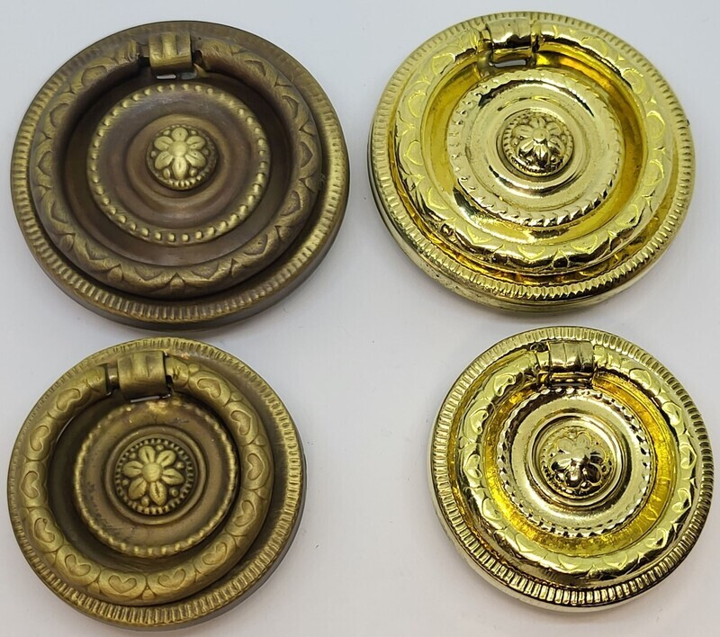 1-5/8" & 2" Diameter Hepplewhite/Sheraton Style Stamped Brass Round SINGLE POST RING PULL knob with Rosette antique vintage retro fancy decorative