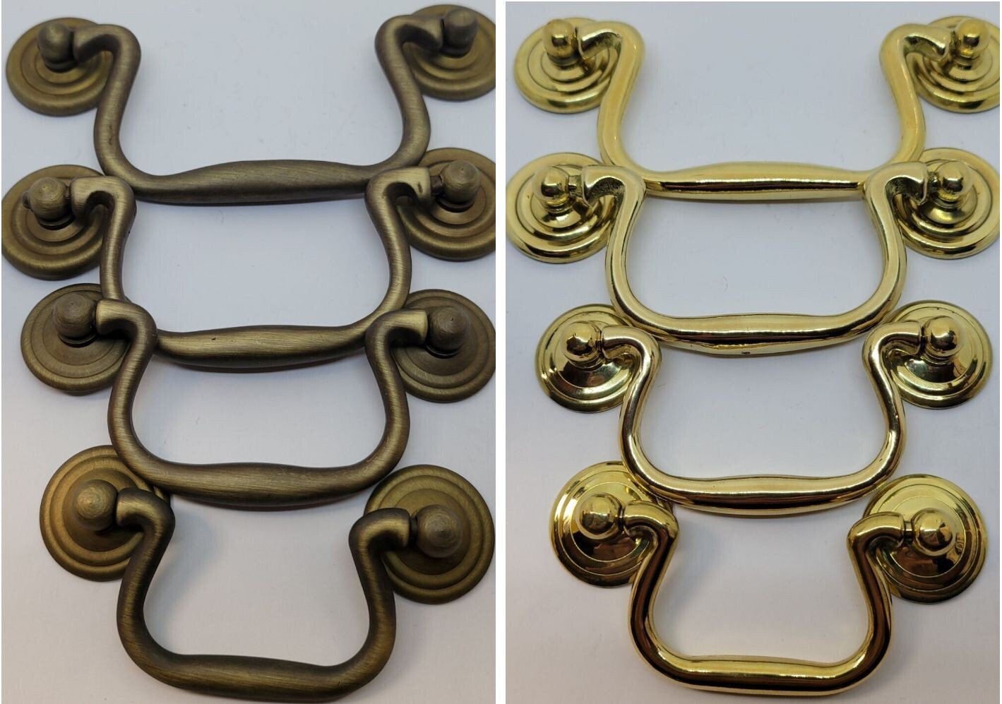 Queen Anne Style Bail Pull handle knob Cast Brass Mid Century Modern antique vintage retro fancy swing 2 to 4 inches 2.5 3 3.5 4 swan Sheraton