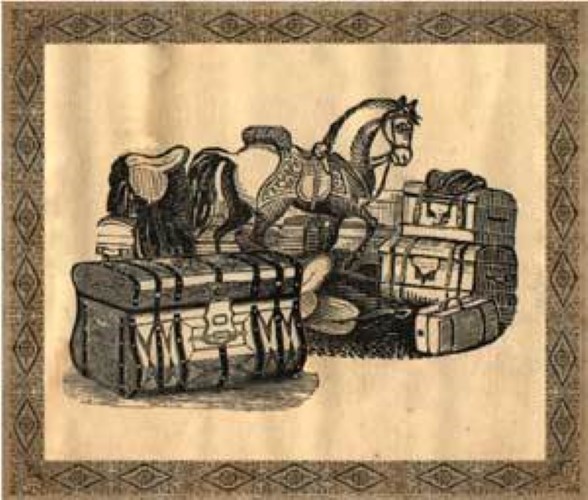 Horse trunks print decal sticker liner paper chest steamer antique vintage old sign