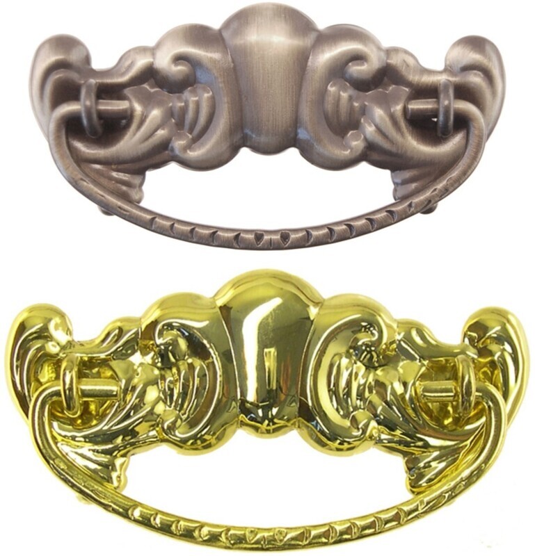3" Centers - Victorian Style American Oak Stamped Polish and Antiqued Brass Drawer Pull antique vintage fancy leaf leaves bail ring decor