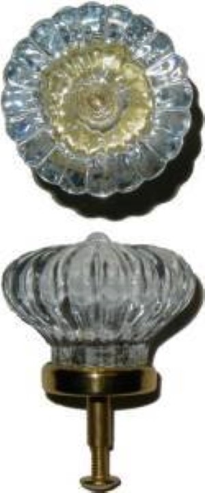 Scalloped Clear Molded Glass KNOB on Brass Base