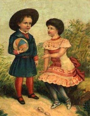 Boy and a girl with a ball - print decal sticker trunk liner paper chest steamer antique vintage old sign