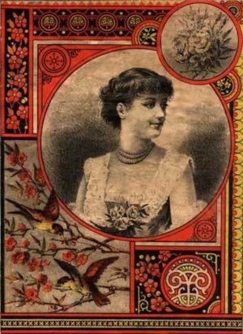 Woman rose birds print decal sticker trunk liner paper chest steamer antique vintage old sign