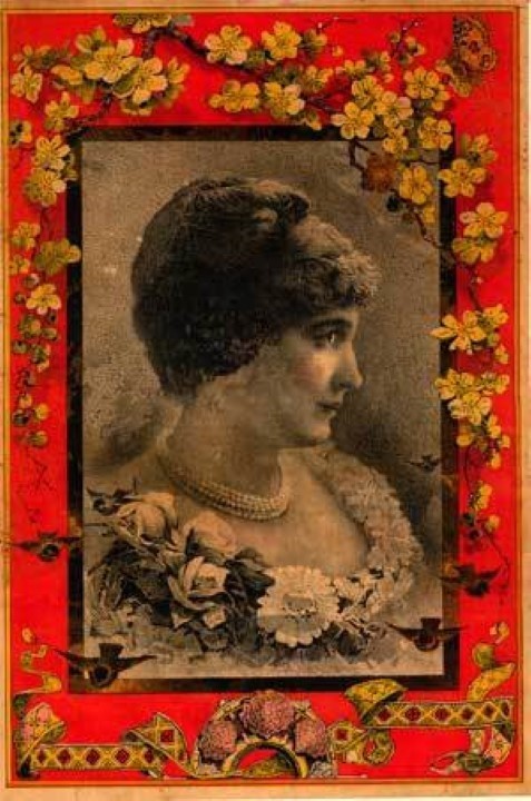 Woman with birds - print decal sticker trunk liner paper chest steamer antique vintage old sign
