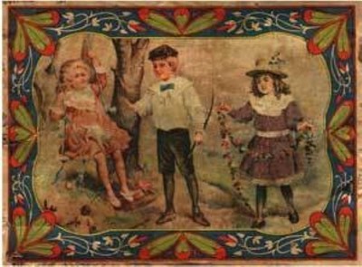 Two girls and a boy - print decal sticker trunk liner paper chest steamer antique vintage old sign