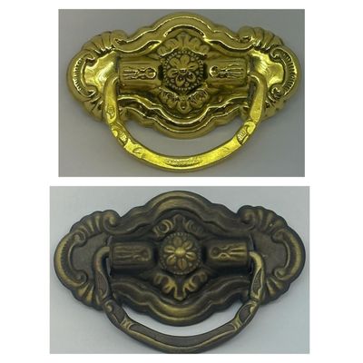 Depression Era Single Post Pull - Stamped Brass colonial waterfall antique vintage retro old fancy decorative knob handle dresser cabinet drawer chest flower