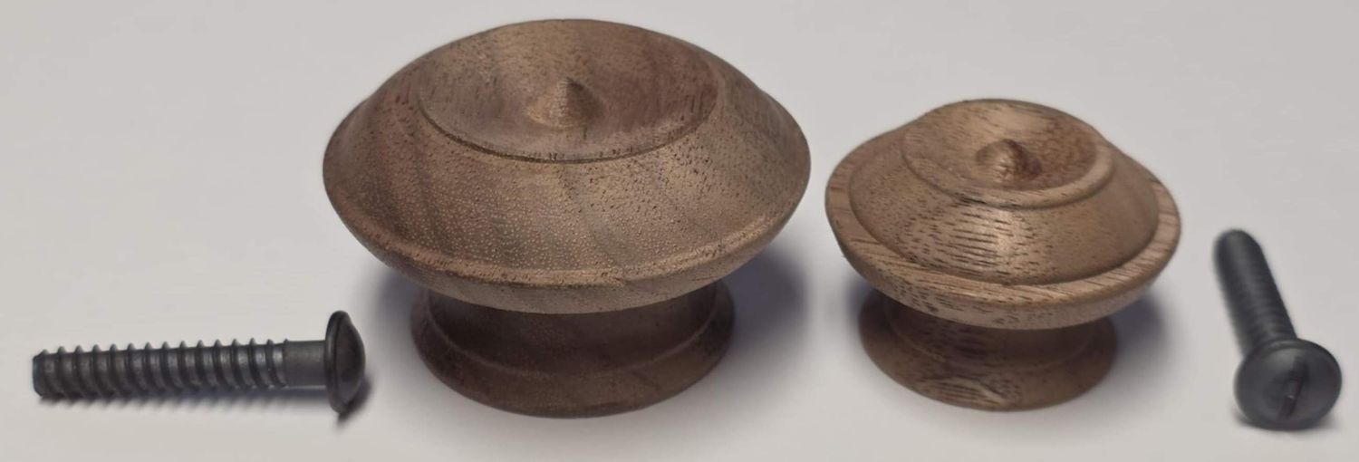 1-1/2" & 2" Round WALNUT Turned Wood Grain Knob pull handle antique vintage old retro fancy decorative small mid century modern cupboard  door drawer cabinet cone