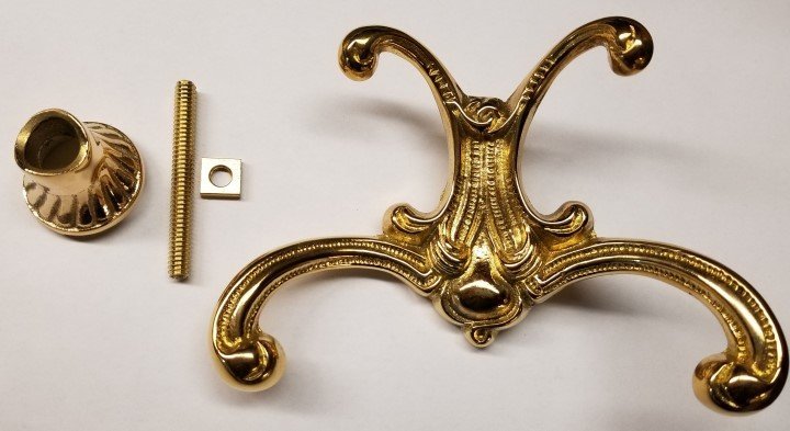 Polished Brass Hall tree hook​ with 4 prongs​ coat hanger hat vintage retro