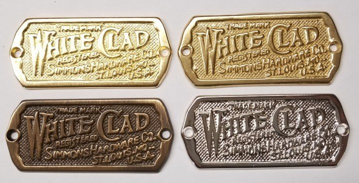 White Clad Ice Box Name Plate Solid Cast Brass nameplate refrigerator Simmons tag sign retro vintage plaque stamp antique nickel lacquered