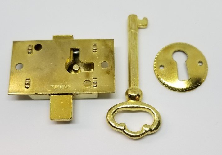 SMALL POLISHED BRASS Flush Mount Lock Set Kit Plated mortise cupboard chest trunk desk drawer key hole cover