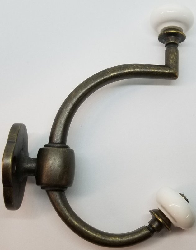 Antique Brass Double Front Mount Coat Hook Porcelain Knobs old classic vintage rack hat jacket retro