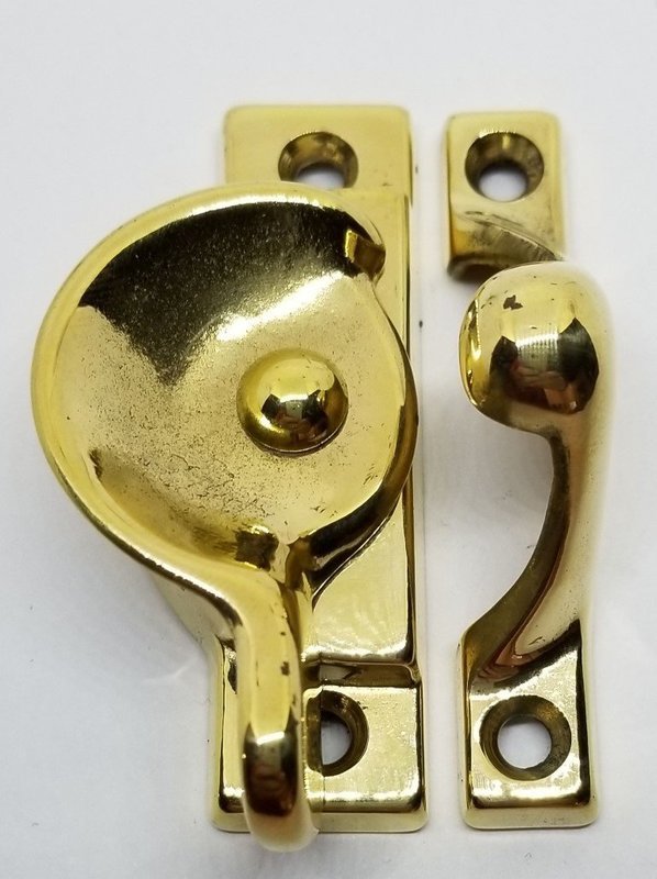 Decorative Solid Polished Brass Heavy Duty Spring Loaded Window Sash Lock Latch Square Cornered Catch century modern antique old vintage retro
