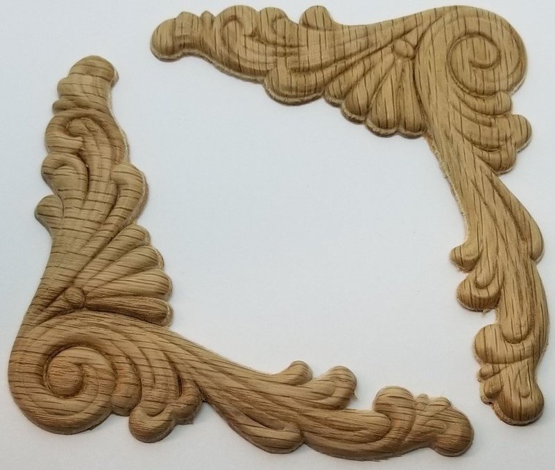(LIMITED STOCK) - 2 (pair) Decorative Ornament Oak corners filigree fancy Hand Carved Wood Ornament veneer antique old vintage retro