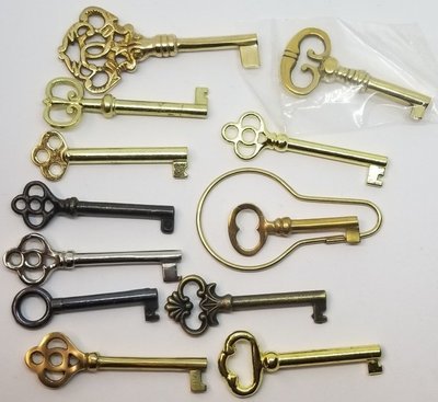 Sample set of 12 Skeleton keys (DOZEN) Polished Antique lock mortise vintage old decor ornament jewelry bank prop
