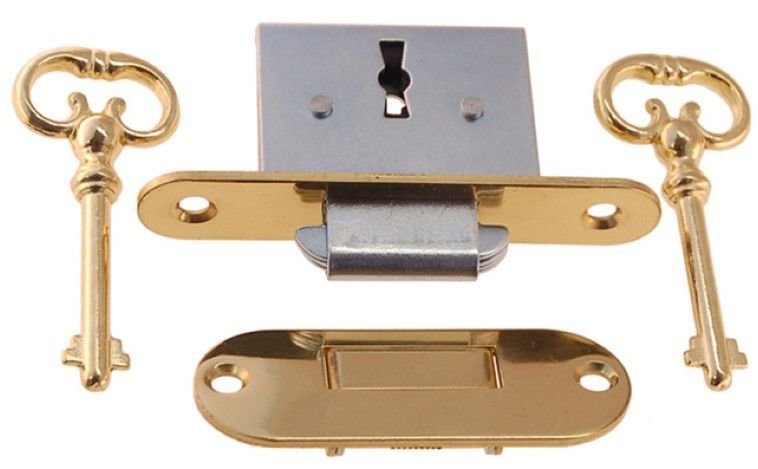LACQUERED BRASS Roll Top Desk Lock Set rounded oval Catch 2 Keys vintage old retro chest trunk box case