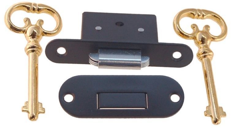 FLAT BLACK brass Roll Top Desk Lock Set rounded oval Catch 2 Keys vintage old retro chest trunk box case