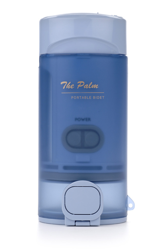 ALL NEW portable bidet: The Palm TP-100 by Bio Bidet.  Ever feel uneasy in an unfamiliar bathroom when you're traveling? Our new portable and affordable travel bidets are a must when you are using a toilet away from home.  The Portable TP-100 bidets will help you enjoy the comforts of home even when you are not.  Now with 2 AA batteries-Included- TP-100 bidet offers the best and highest water pressure for a thorough washing. Simply add warm tap water to the portable device for satisfying warm water stream. The travel bidet comes in designer box with spare nozzle, carrying travel bag, battery locking device and two AA batteries.  Travel bidets are available in cool blue.