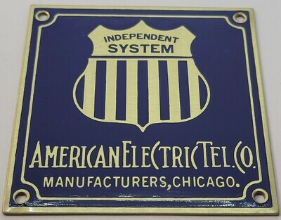 American Electric Telephone Company NAMEPLATE antique kellogg western retro old vintage dark blue