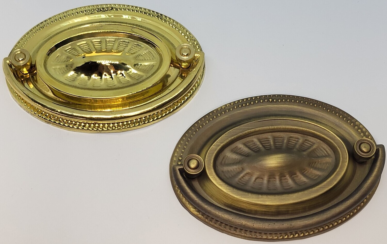 2 - 3 2 - 3" Large Medium & Small Hepplewhite/Sheraton Style Stamped Brass "Sunburst" Oval Drawer Bail Pull period antique vintage retro fancy decorative