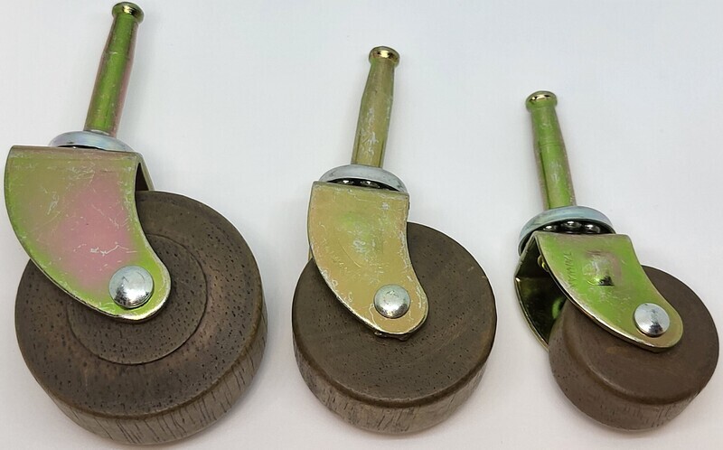 PAIR - 1-1/4, 1-5/8 & 2" BALL BEARING wood caster wheels with sockets seat grip neck steel horn cart chair brass antique vintage old zinc