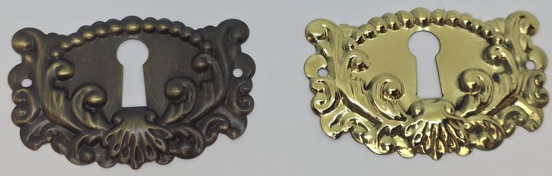 Solid Stamped Brass KEYHOLE COVER Plate Polished Antique Finish American Oak Victorian Colonial Revival Hepplewhite Sheraton vintage retro fancy mid century modern rustic drawer desk cabinet key